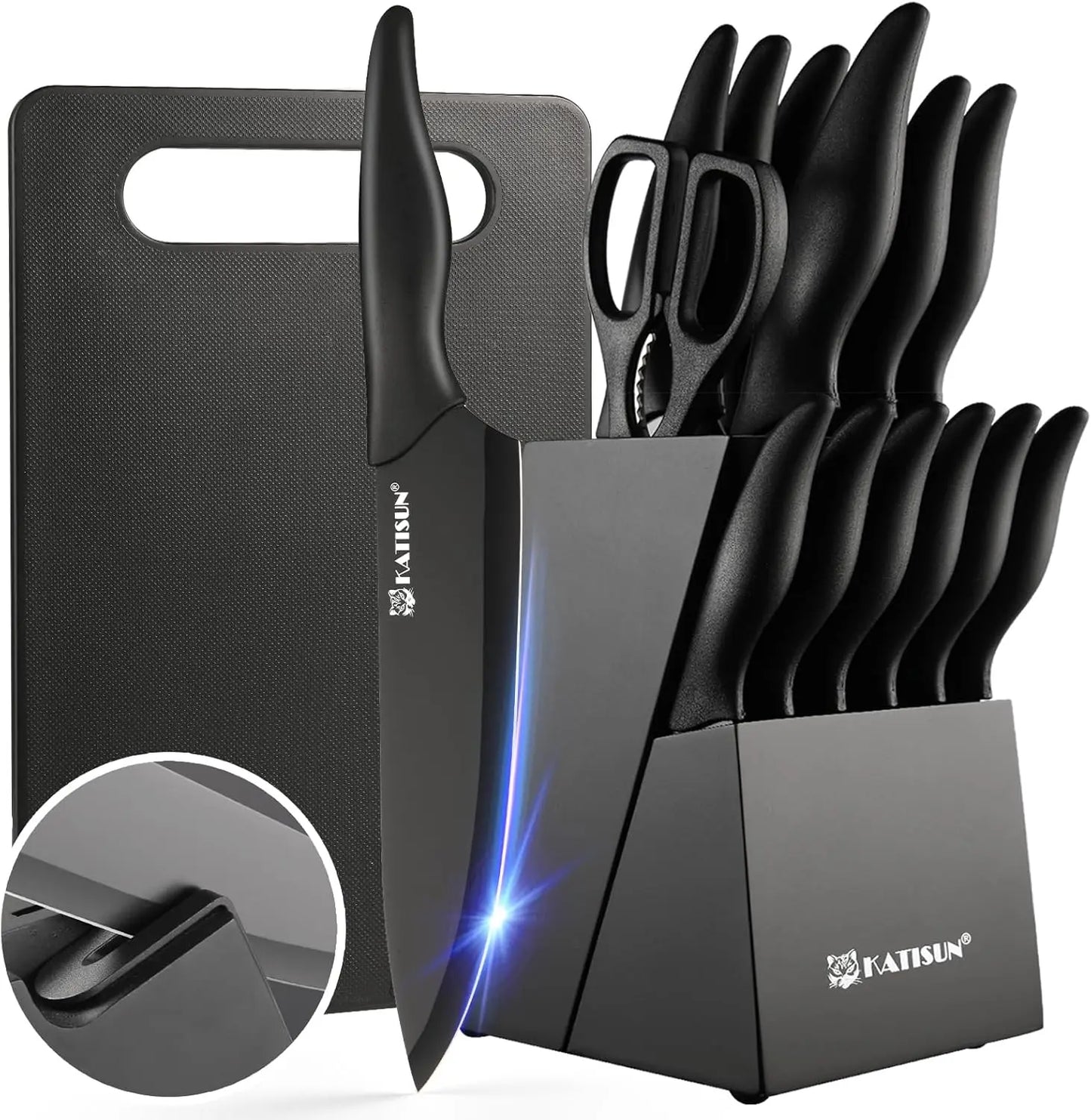 16 Piece Kitchen Knife Block Set with Cutting Board, Built-in sharpener