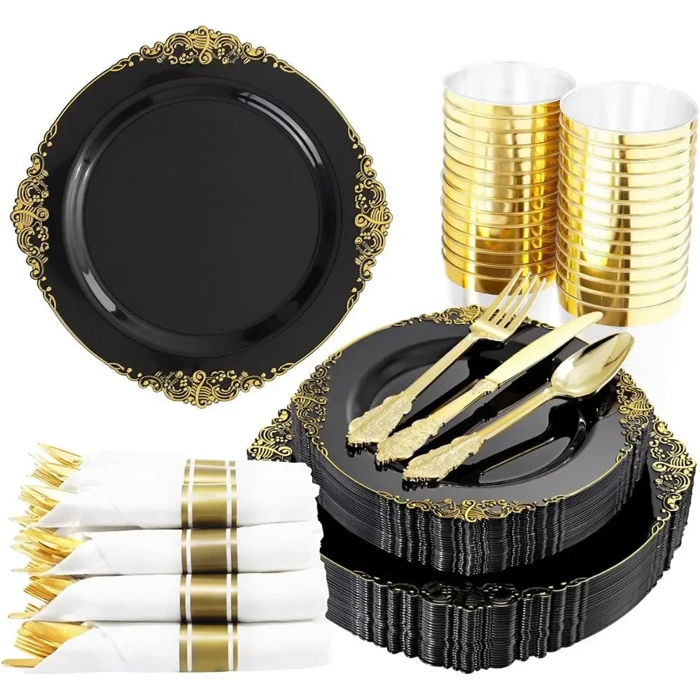 350 piece black and gold plastic plates with gold plastic silverware, disposable cutlery for weddings and parties