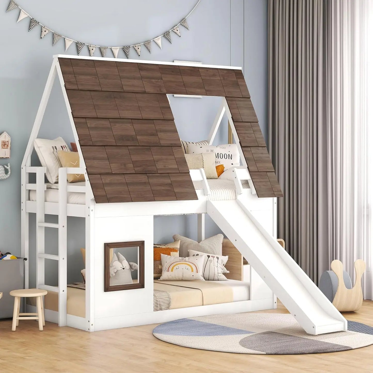 Twin Over Twin House Bunk Bed Frame with Roof, Window, Ladder and Slide