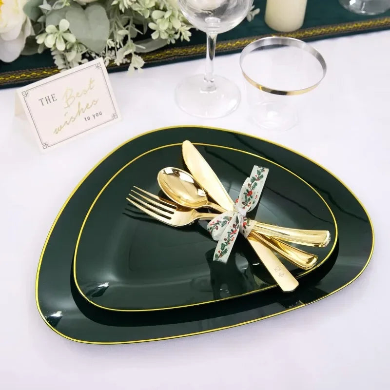 180Pcs Green/ Gold Disposable Dinnerware Set with Gold Tableware