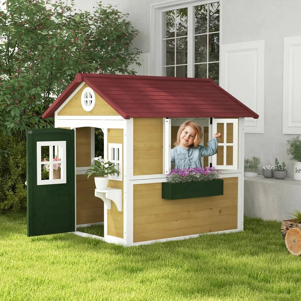 Wooden Playhouse with Planter Pots Boxes for Toddlers 3-8 Years