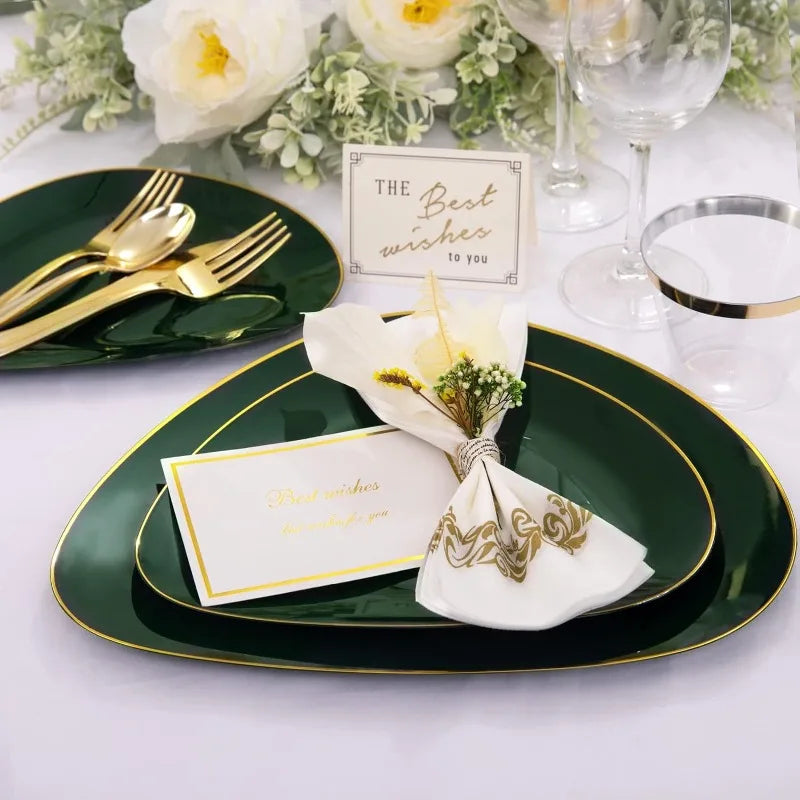 180Pcs Green/ Gold Disposable Dinnerware Set with Gold Tableware