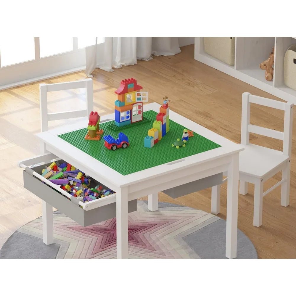 Wooden 2 in 1 Kids Construction Play Table and 2 Chairs Set