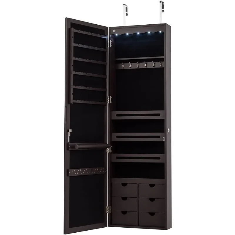 5 LEDs Mirror Jewelry Armoire Wall/ Door Mounted, Lockable Jewelry Cabinet with 6 Drawers and Full Length Mirror