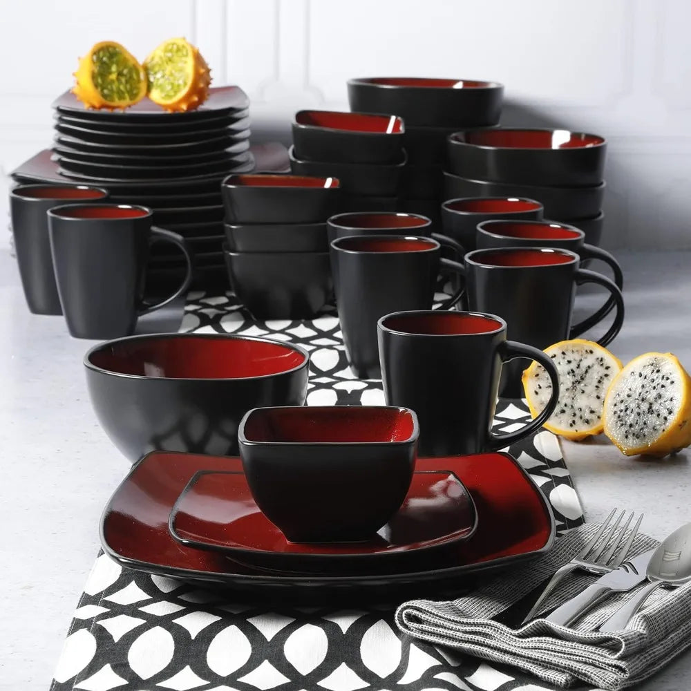 Service for 8 (40pc) Dish Square Reactive Glaze Stoneware Dinnerware Set