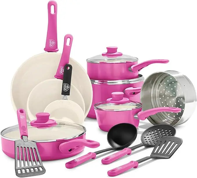 Soft Grip 16 Piece Ceramic Nonstick Cookware Set, Non-Toxic PFAS-Free Frying