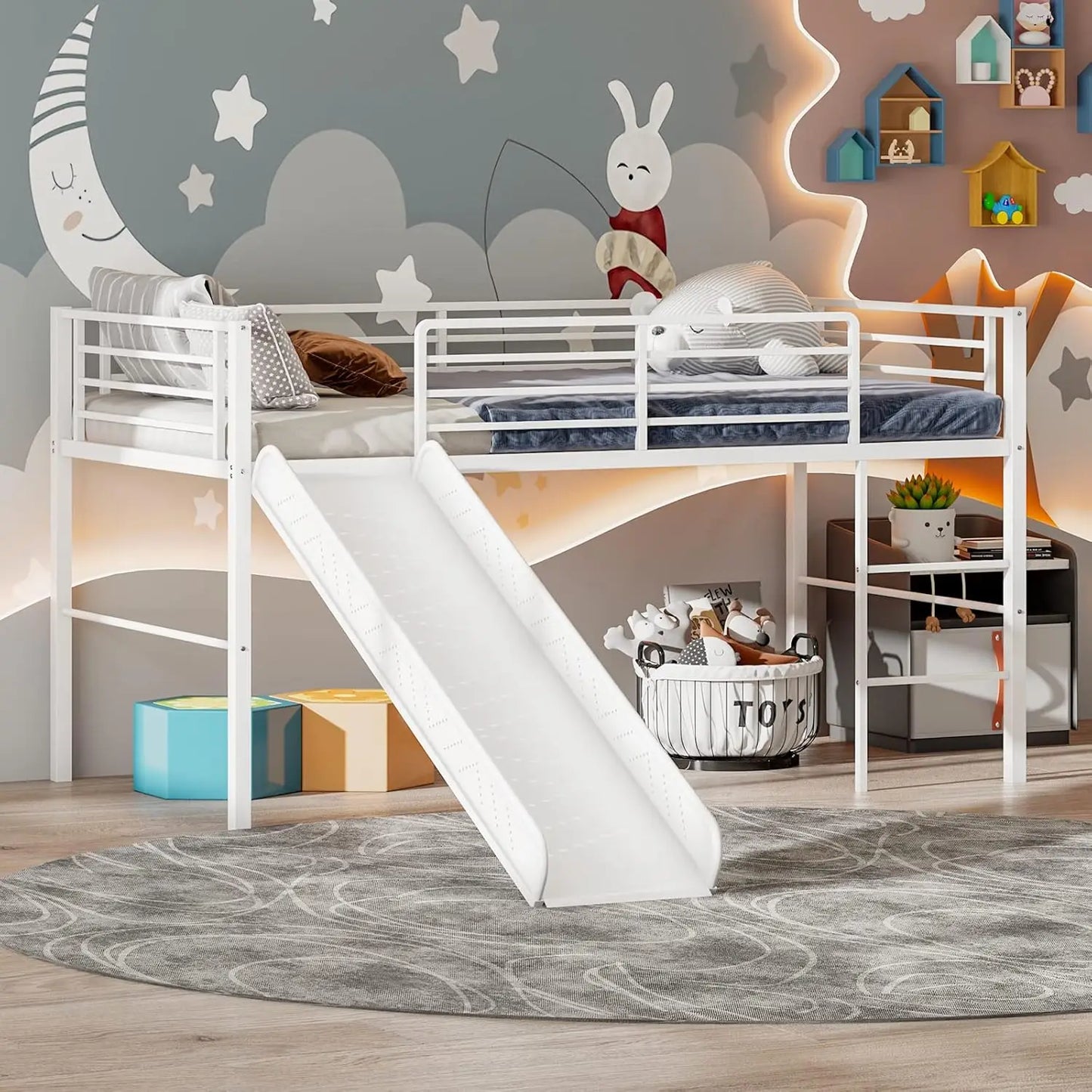 Kids Wood Twin Loft Bed Frame with Climbing Ladder & Storage Space for