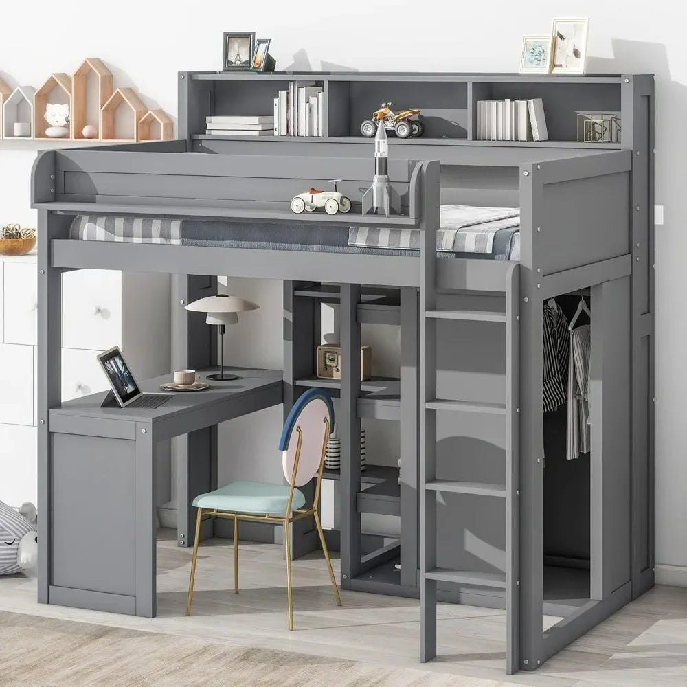 Solid Wood High Loft Bed Frame with Desk & Wardrobe