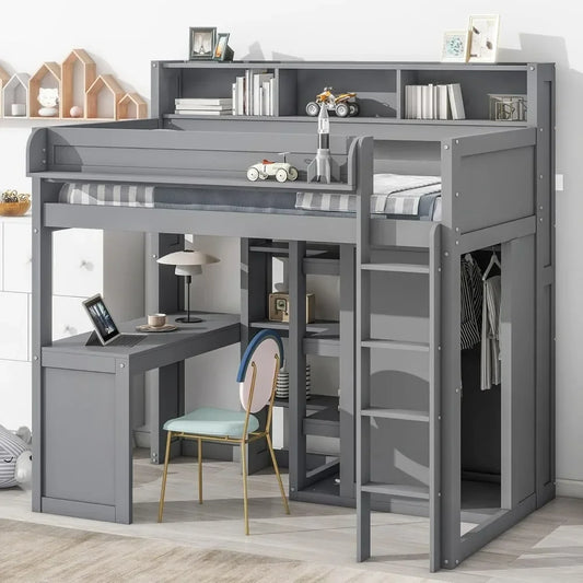 Solid Wood High Loft Bed Frame with Desk & Wardrobe