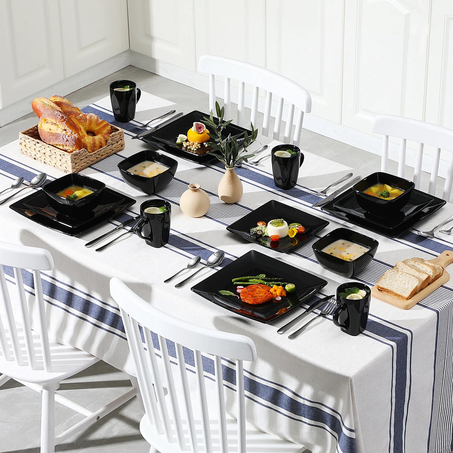 16/32/48-Piece Black Ceramic Porcelain Square Dinnerware Set