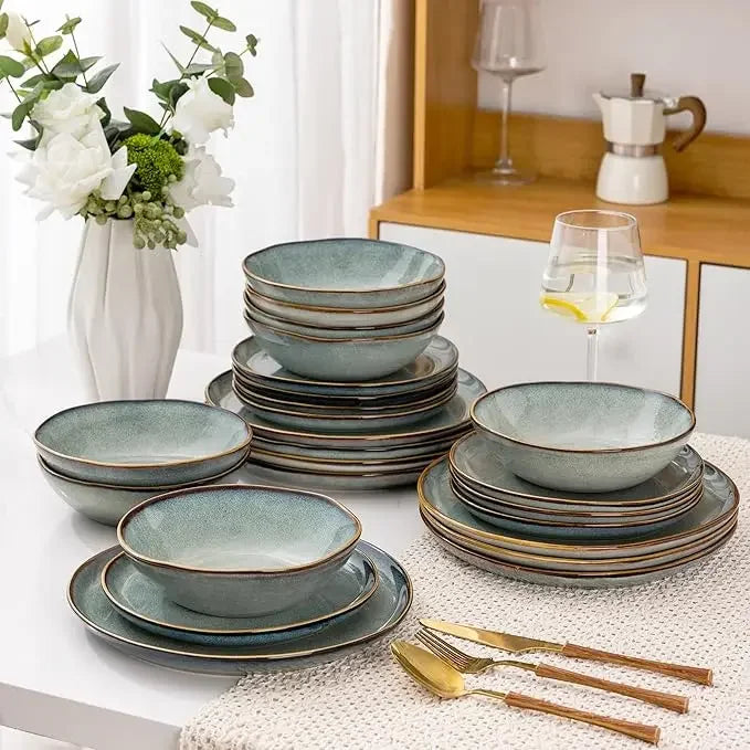 Handmade Reactive Glaze Plates and Bowls Set, Highly Chip and Crack Resistant