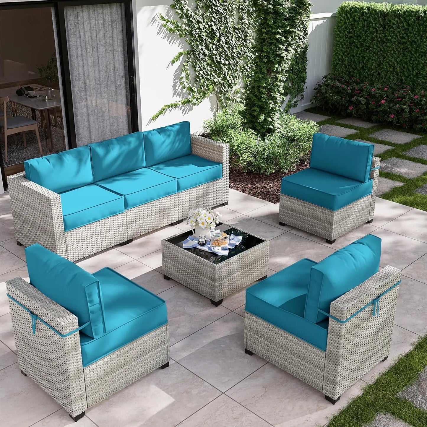 8 Piece Wicker Patio Furniture Set Includes 4 Center Sofas, 2 Corner Sofas, 1 Gas Fireplace Table, And A Tempered Glass Coffee Table