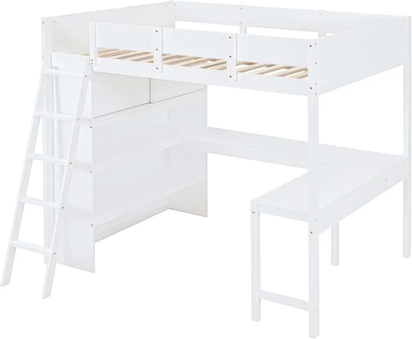 Full Size Loft Bed Frame with Wardrobe and Desk