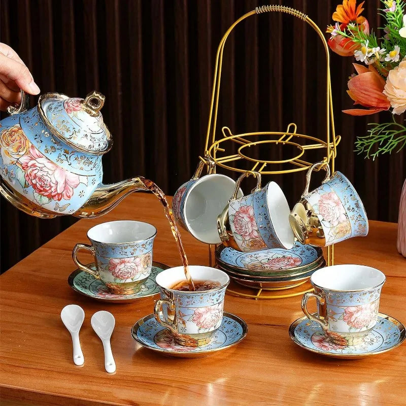 20 Pcs European Porcelain Tea Set with Metal Holder, Service for 6