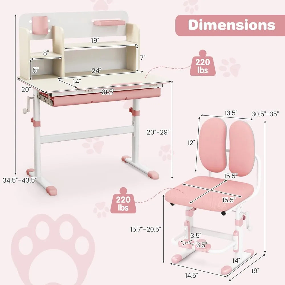 Height Adjustable Kids Desk and Chair Set w/Tilt Desktop, Drawer Hutch, Pen Holder