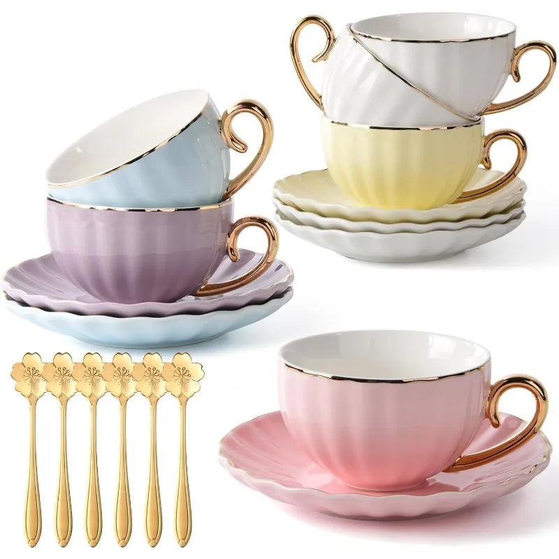 18-Piece Bone China Cups and Saucers Set of 6, (7.7oz) , Golden Spoon,