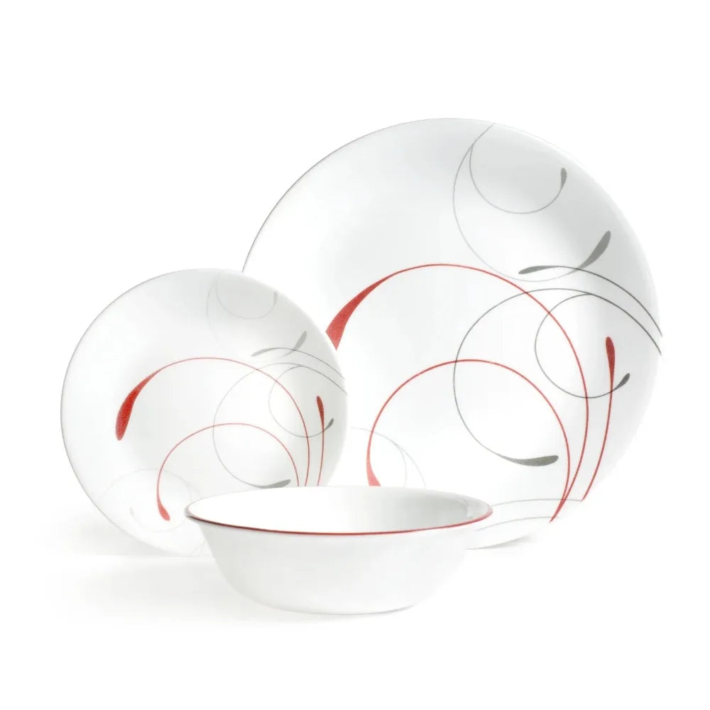 White and Red Round 12-Piece Dinnerware Set