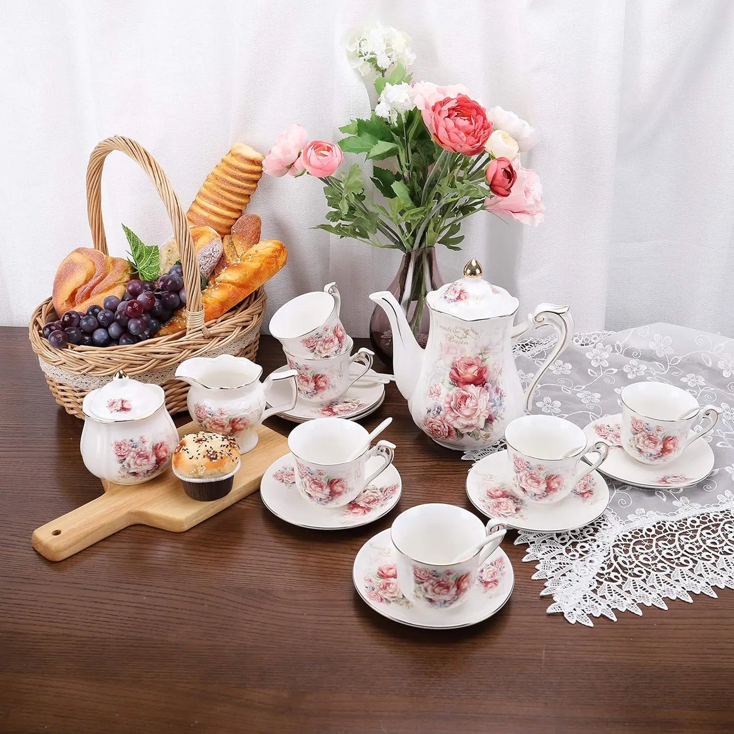 5 Piece Porcelain Rose Pattern Vintage Tea Set