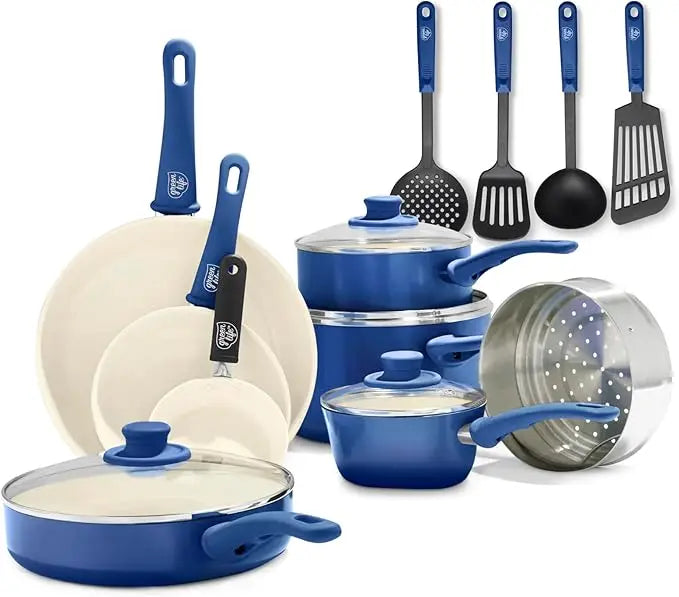 Soft Grip 16 Piece Ceramic Nonstick Cookware Set, Non-Toxic PFAS-Free Frying