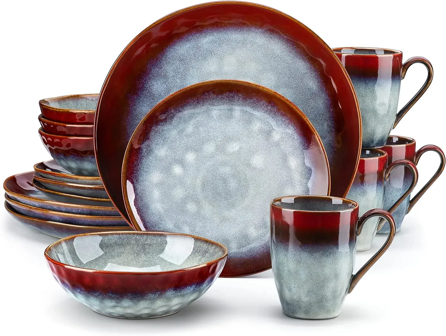 12 Piece, Reactive Change Glaze Dinner Set, Plates and Bowls Set