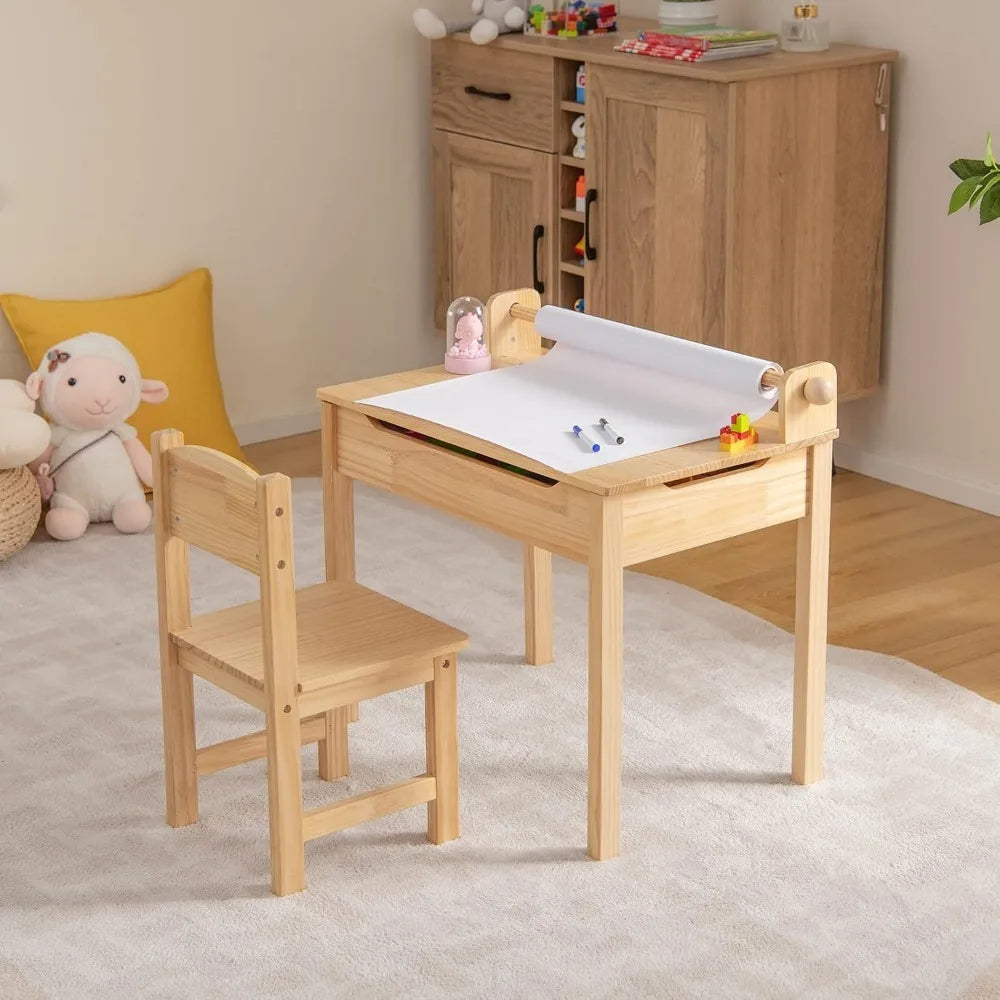 Kid's Wooden Lift-Top Desk & Chair Activity Table Set with Storage, Paper Roll Holder & Pen Slot