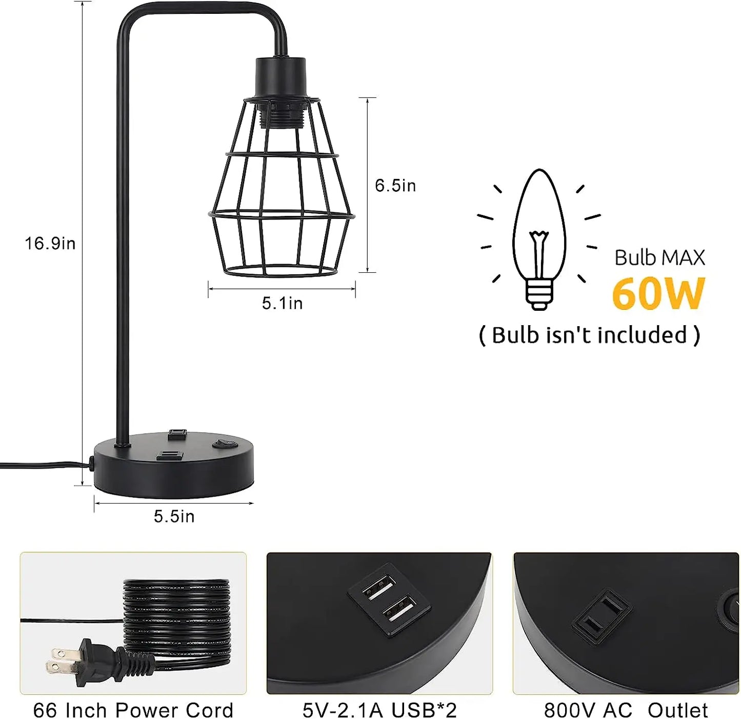 Set of 2 Black Industrial Table Lamps w/ USB Ports