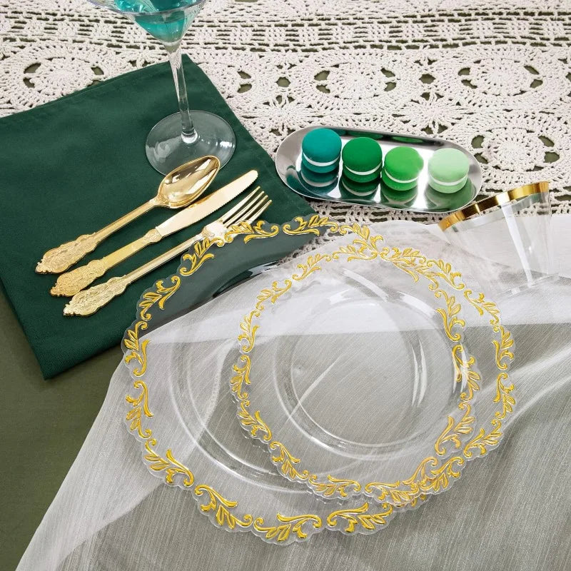 175PCS Clear Green Plastic Plates & Gold Plastic Silverware & Clear Green Cups & Gold Napkins, Service 25 Guest