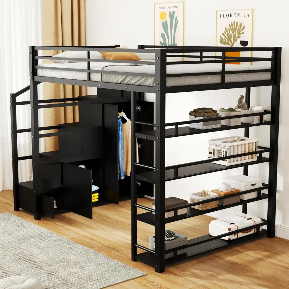 Full Size Heavy-Duty Metal Loft Bed with Stairs