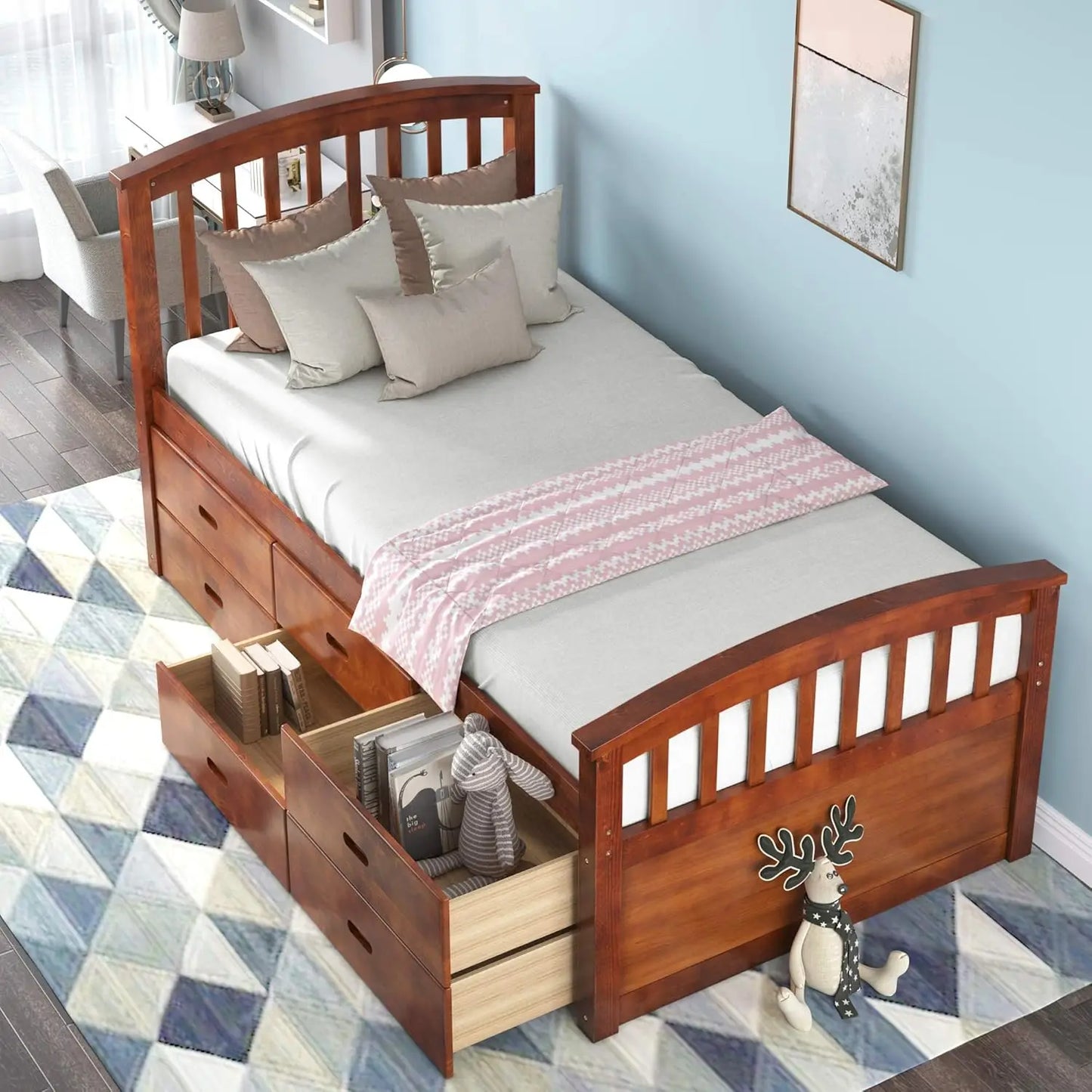 Solid Wood Twin Size Platform Storage Bed Frame