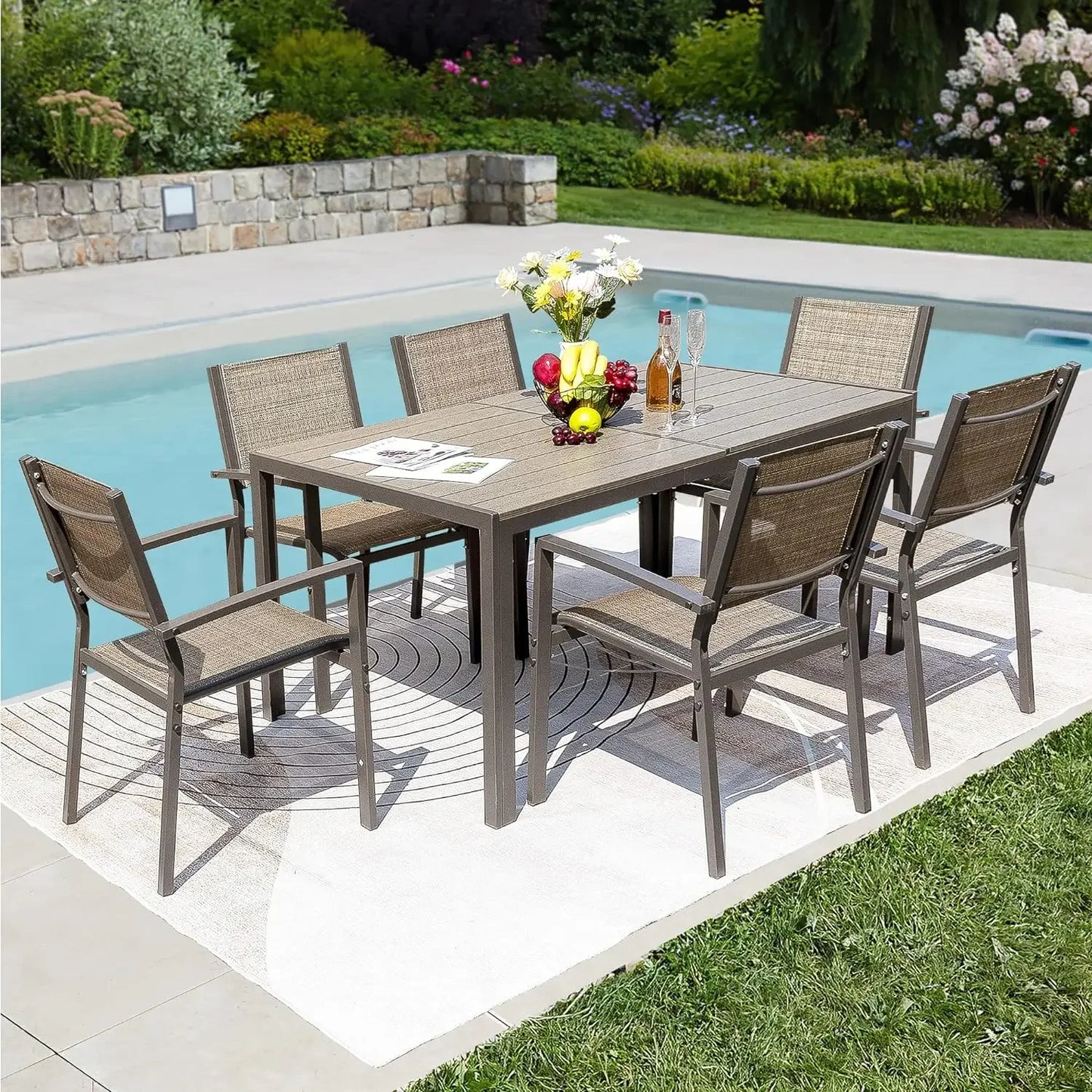 7 Piece Terrace Dining Outdoor Furniture Set with Weatherproof Table