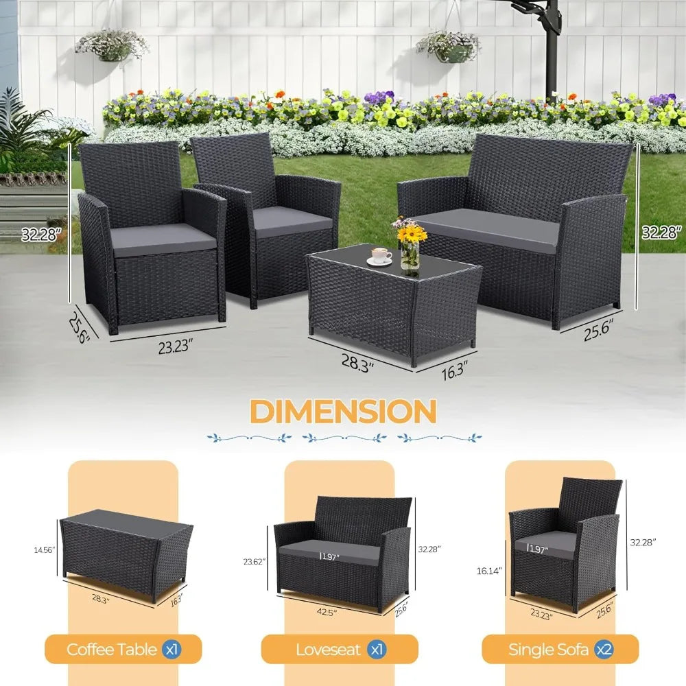 4 Piece Wicker Rattan Patio Sets, 5 Color Options