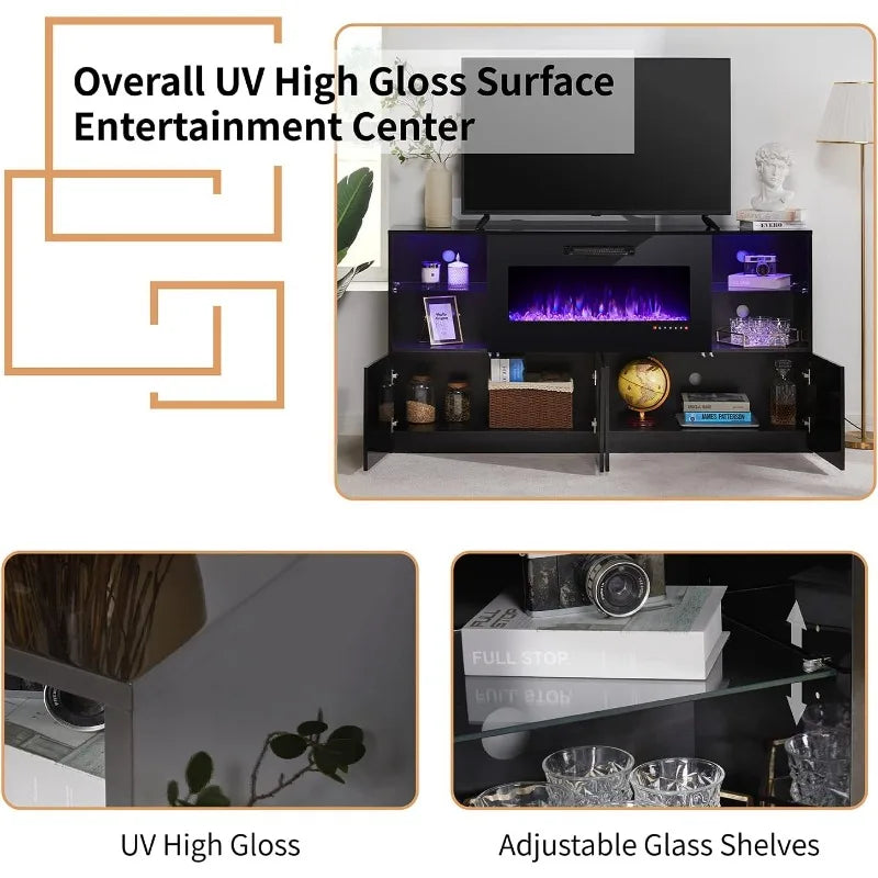 3 Piece Modern High Gloss Fireplace TV Stand + Bookcase Set- Includes 68" TV Stand with 40" Fireplace