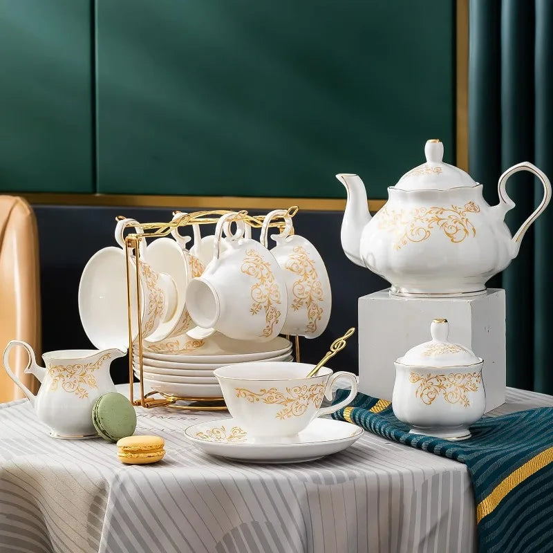 22-Pieces Porcelain Bone China Tea Sets, Gold Rim Coffee Set with Golden Metal Rack