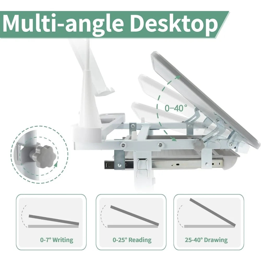 Children's Study Desk and Chair Set with Tilt Desktop, Bookstand, LED Light, Storage Drawer