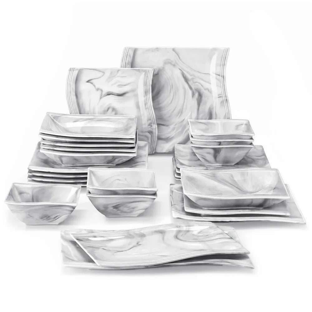 MALACASA FLORA 26-PIECE Nordic European Marble Gray Porcelain Tableware Set