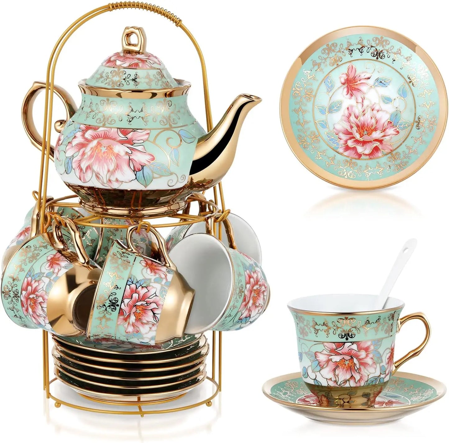 20 Pcs European Porcelain Tea Set with Metal Holder, Service for 6