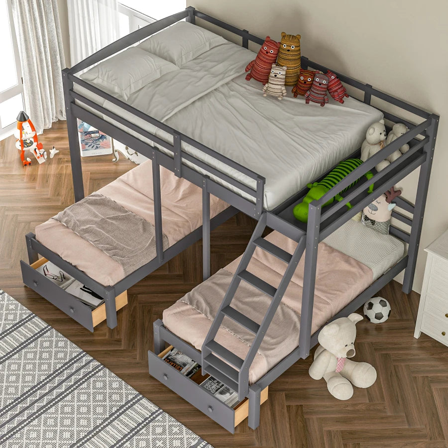 Wood Full over Twin & Twin Bunk Bed,Triple Bunk Bed with Drawers