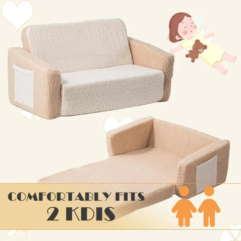 Kid's Extra Wide 2-in-1 Sherpa Fold Out Couch Bed for Playroom