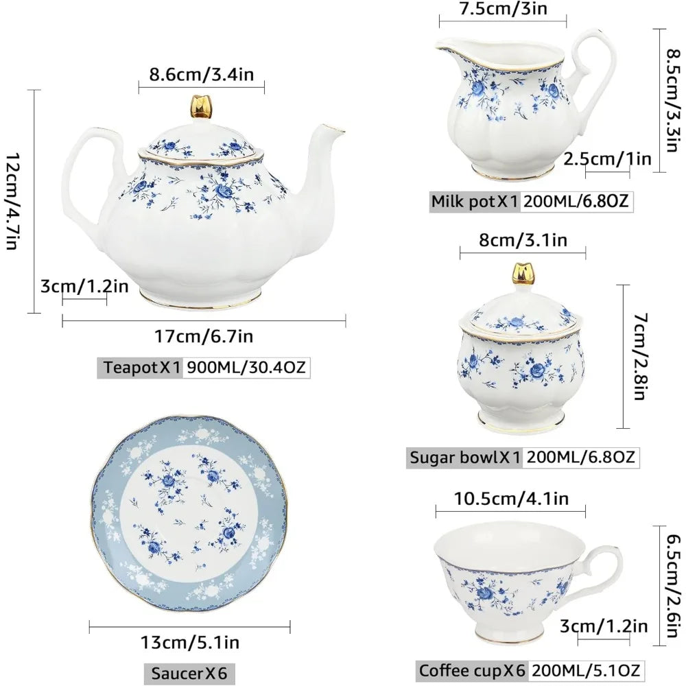 21 Piece Floral Porcelain , British Tea Cup and Saucer Set for 6