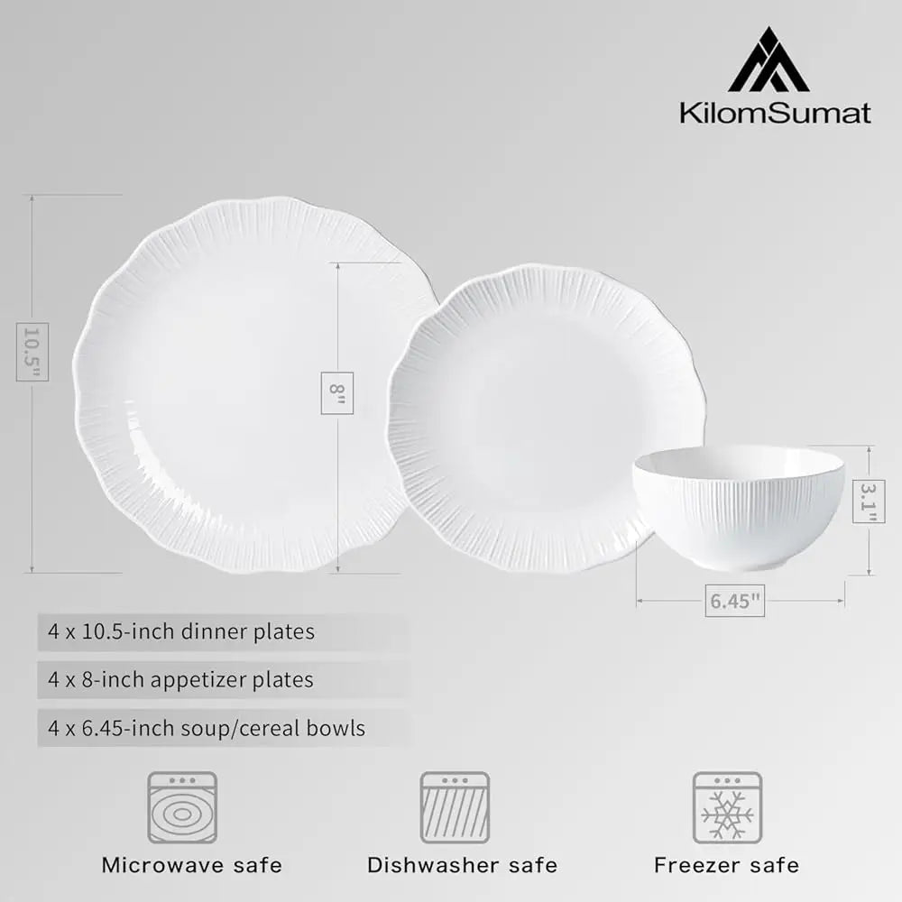 12 Piece Sunburst Pattern Porcelain Dinnerware Set For 4, Frost White