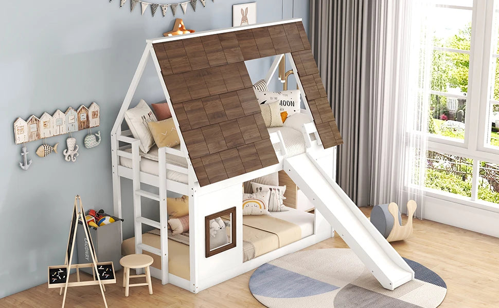 Twin Over Twin House Bunk Bed Frame with Roof, Window, Ladder and Slide