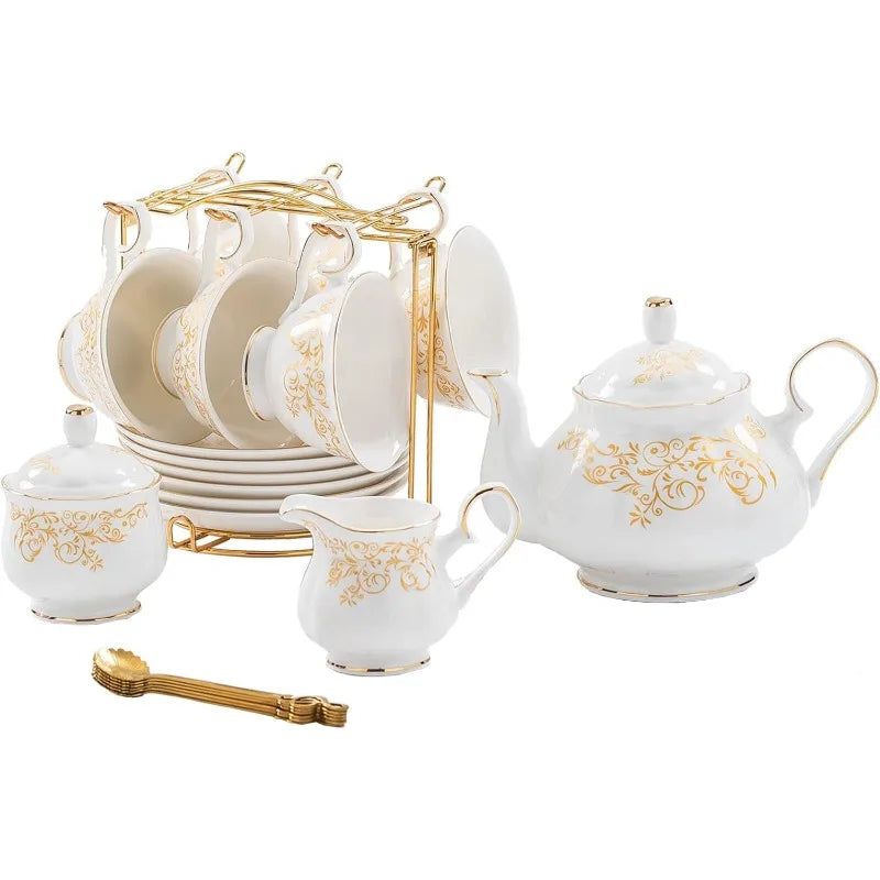 22-Pieces Porcelain Bone China Tea Sets, Gold Rim Coffee Set with Golden Metal Rack