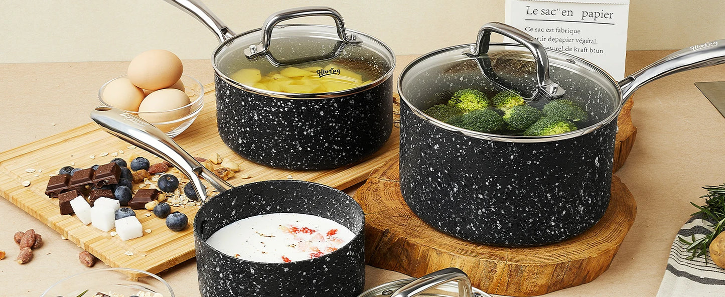 3-Piece Saucepan Set with Glass Lids, Natural Durable Granite Coating, Nonstick, Durable & Oven Safe to 450°F