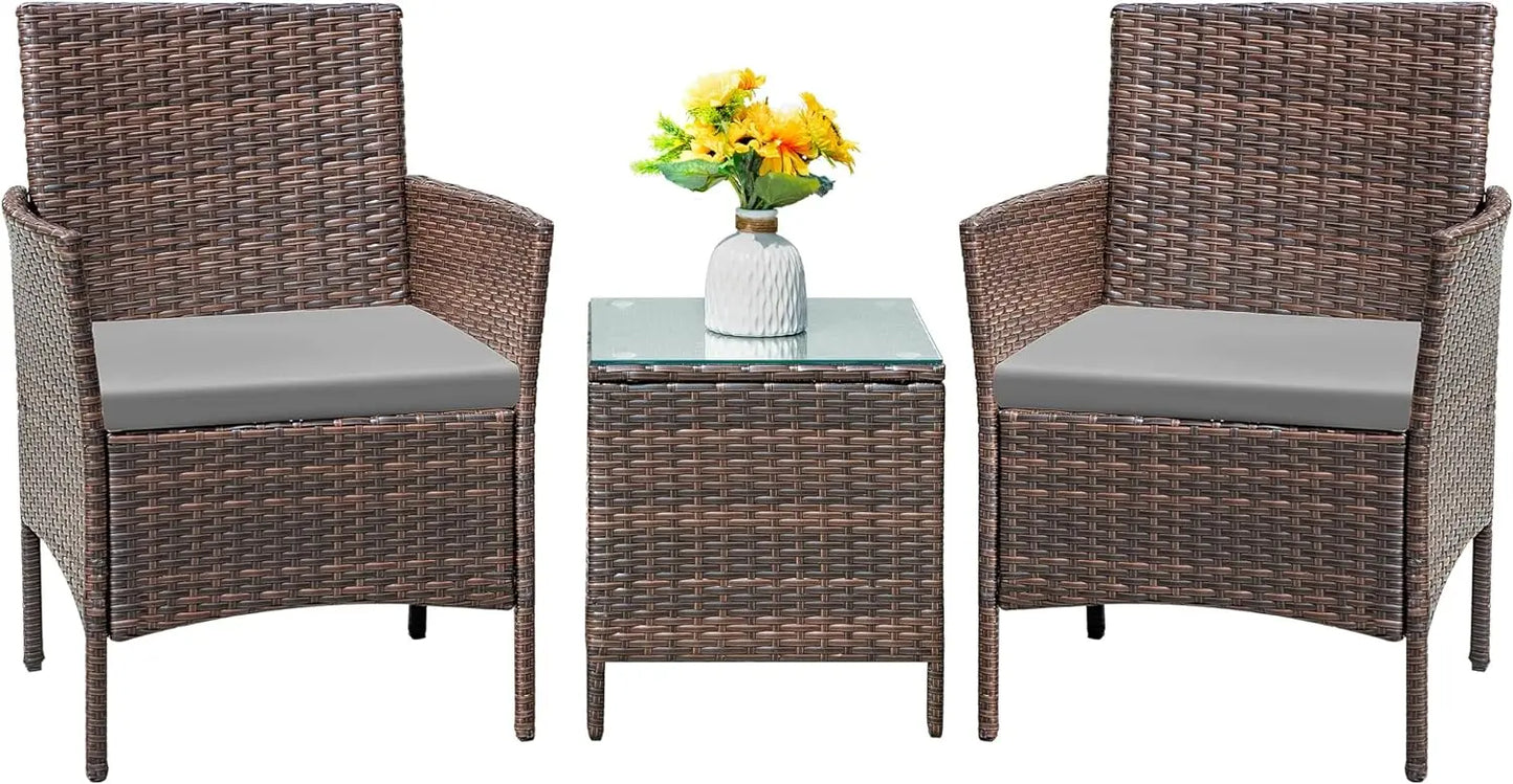 3 Pieces All-Weather Rattan Outdoor Furniture Patio Chairs with Tempered Glass Table