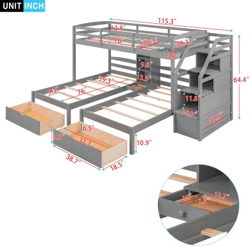 Wood Full over Twin & Twin Bunk Bed,Triple Bunk Bed with Drawers