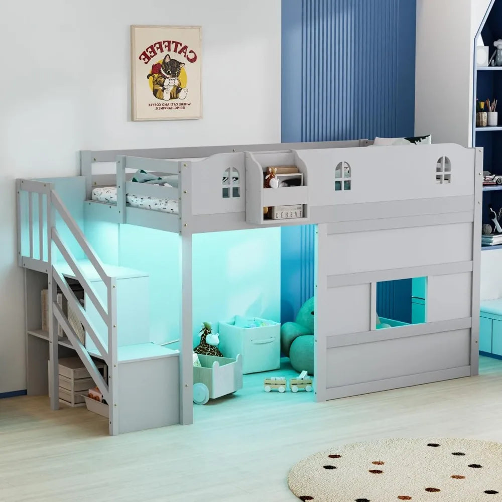 Twin Low Loft Bed with Led Light, with Castle Guardrail and Window, Book Rack, Smart APP Control