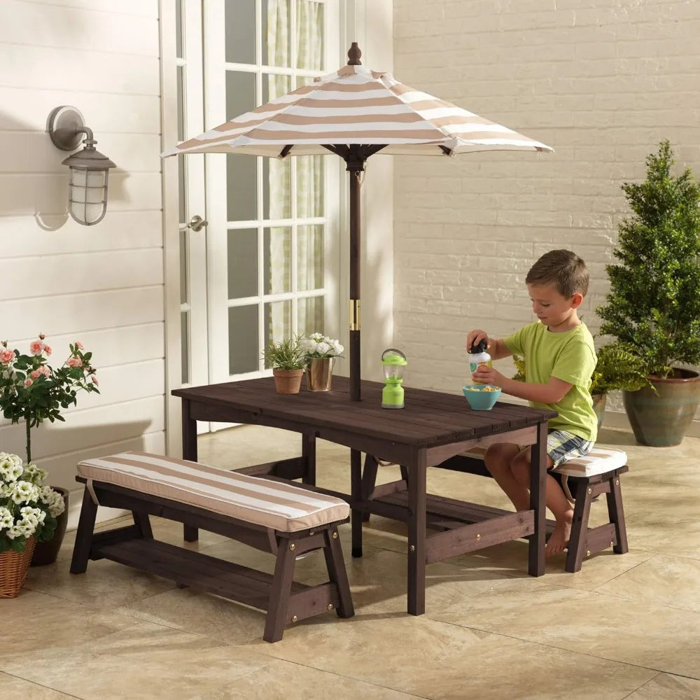 Kids Outdoor Wooden Table & Bench Set with Cushions and Umbrella