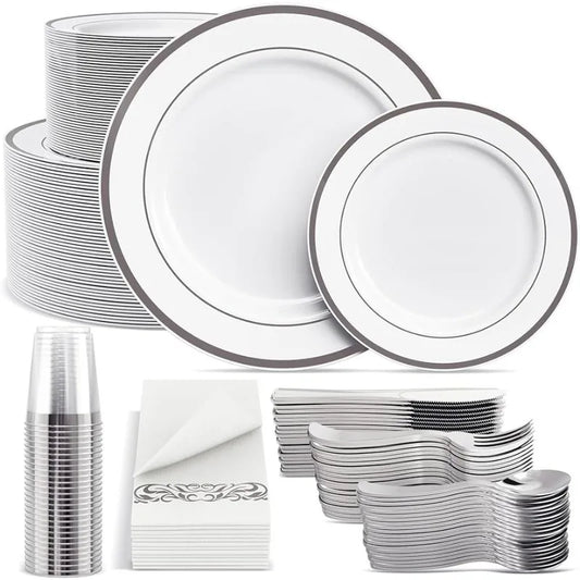 White and Silver Plastic Disposable Plates Set