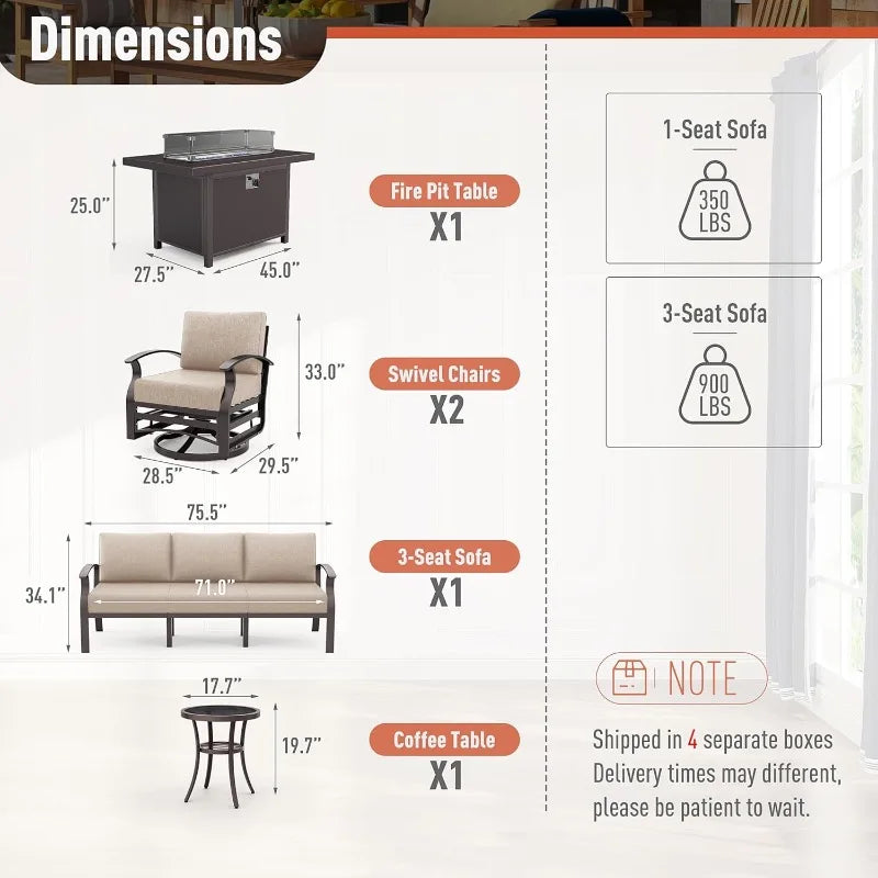 5-Seat Aluminum Outdoor Conversation Sets w/45in Propane Fire Pit Table,