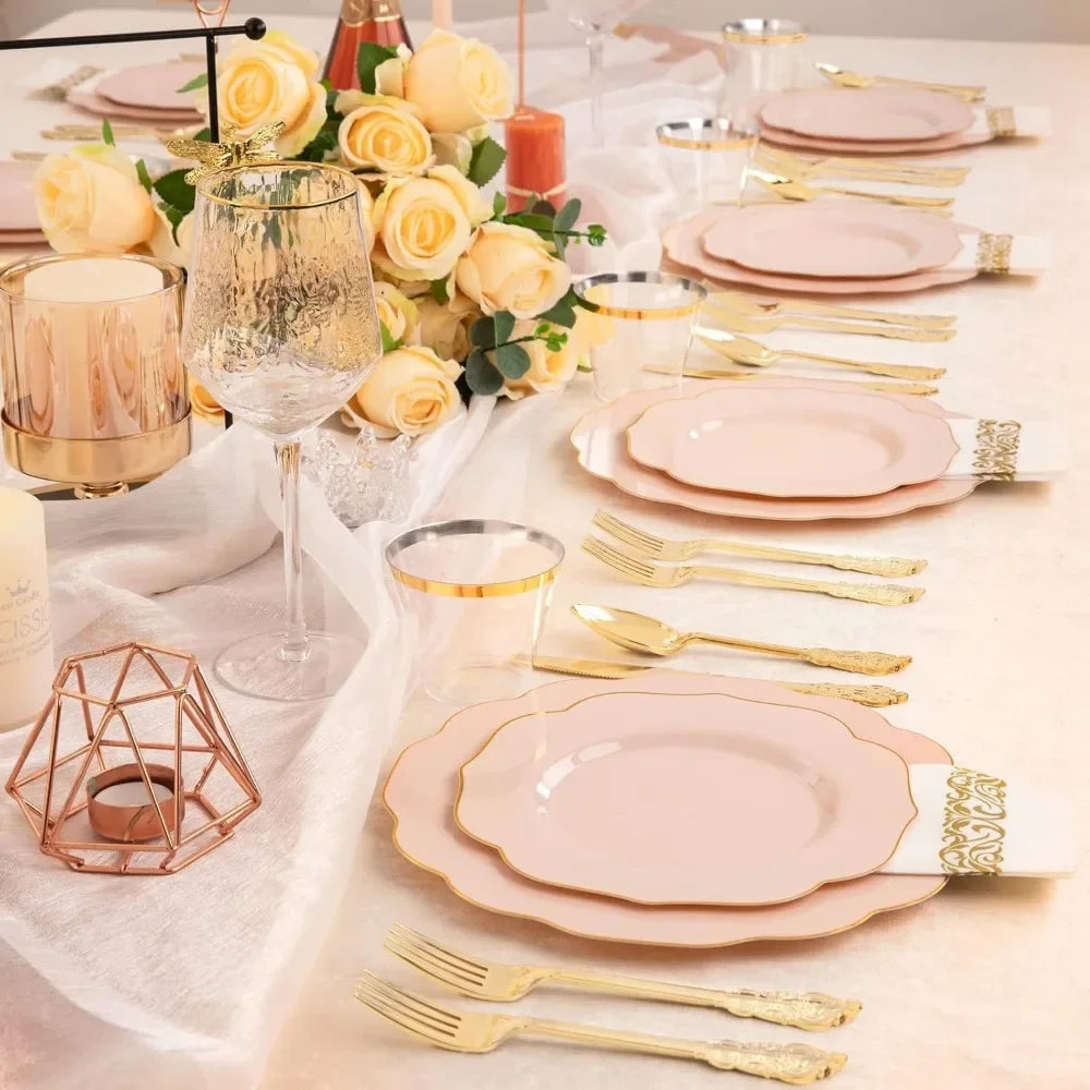 175PCS Pink Pink Plates with Gold Disposable Silverware - Include 50 Plates,25 Knives,25 Forks,25 Spoons,25 Cups and 25 Napkins